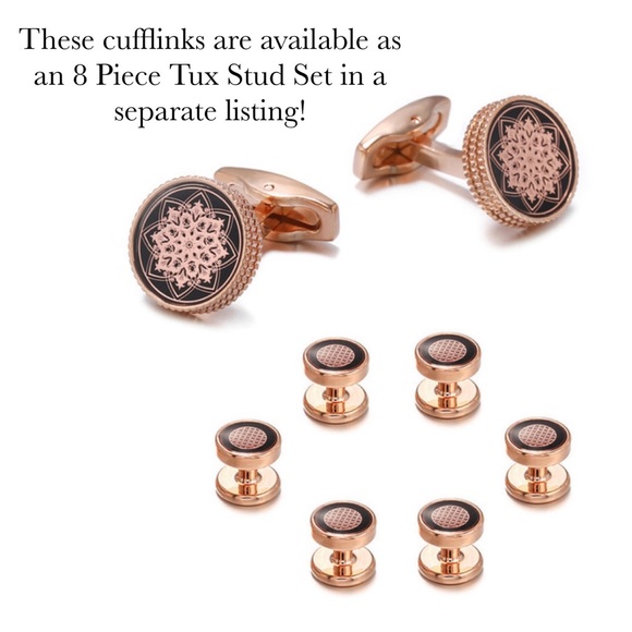 Elegant Laser Cut Floral Black and Rose Gold Round Cufflinks - Picture 16 of 16